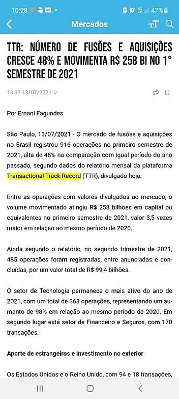 TTR: Nmero de fuses e aquisies cresce 48% e movimenta R$ 258 bi no 1 semestre de 2021